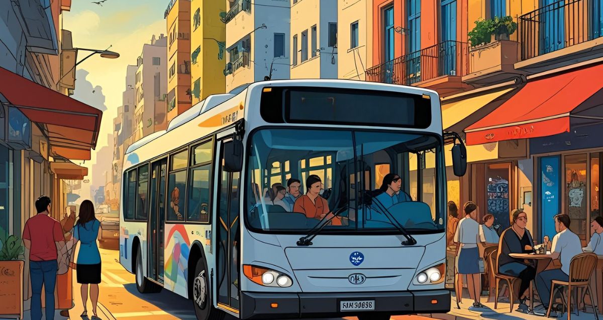 איור של אוטובוס נוסע בעיר, צילום אילוסטרציה AI