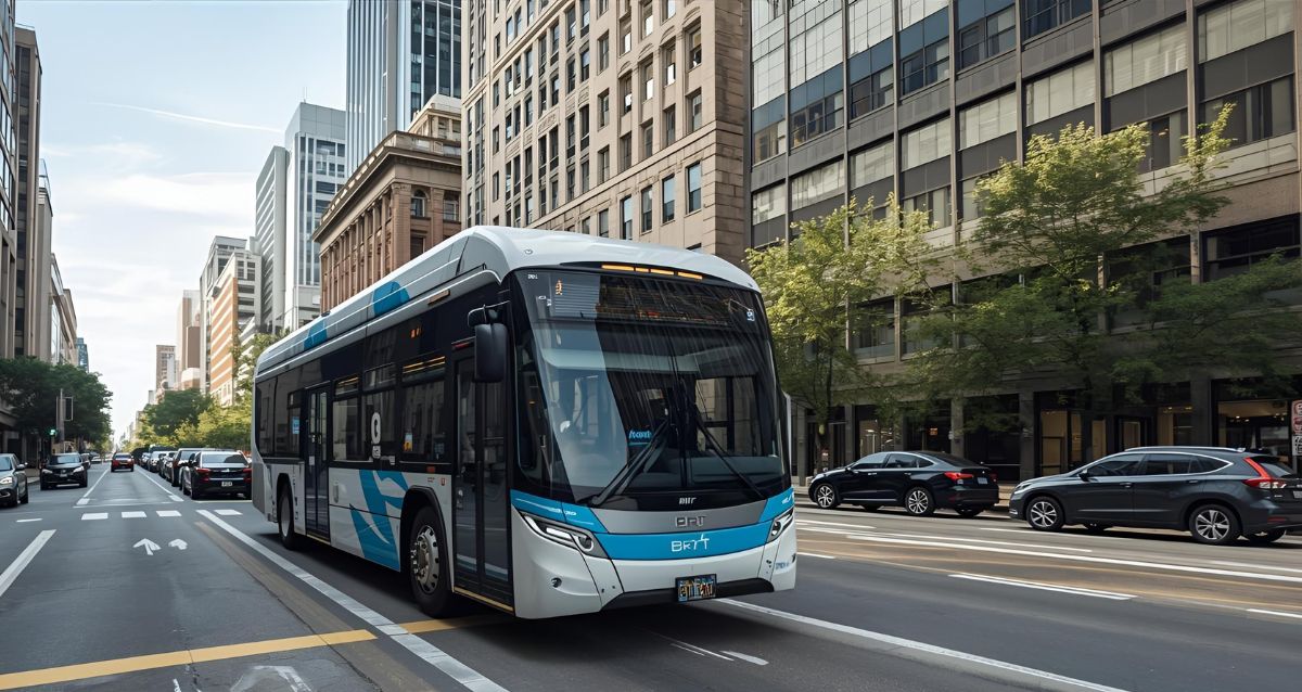 אוטובוס חשמלי גדול נוסע בכביש, הדמיית בינה מלאכותית: מרחב אונליין
