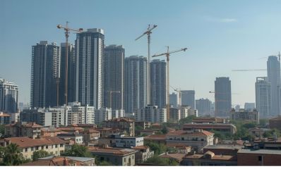נוף עירוני של בנייה ישנה לצד בנייה חדשה עם מנופים. הדמיית בינה מלאכותית: מרחב אונליין