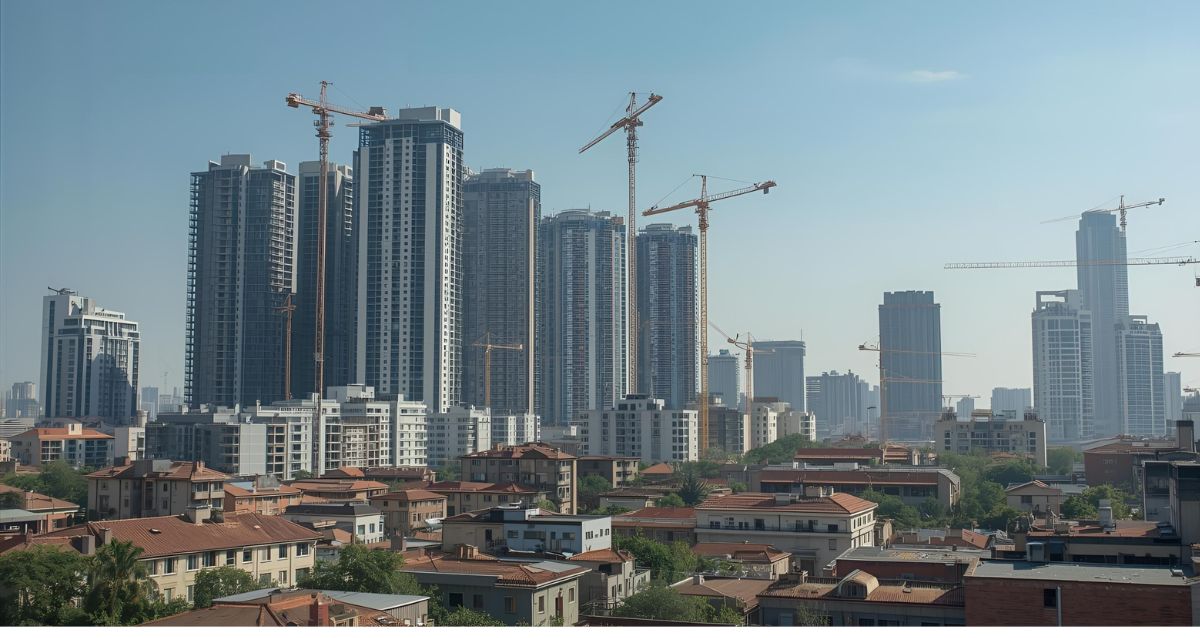 נוף עירוני של בנייה ישנה לצד בנייה חדשה עם מנופים. הדמיית בינה מלאכותית: מרחב אונליין