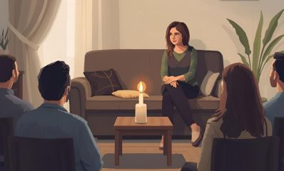 איור אישה יושבת על הספה ומולה קהל של אנשים על כיסאות, איור בינה מלאכותית: מרחב אונליין