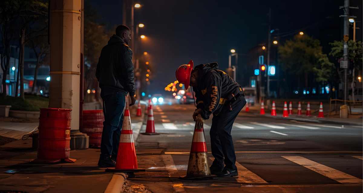 שני פועלים מניחים קונוסים כתומים בכביש בשעות הלילה, הדמיית בינה מלאכותית: מרחב אונליין