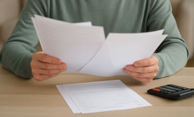 גבר מחזיק חשבונות, יושב ליד שולחן ולידו מחשבון, הדמיית בינה מלאכותית: מרחב אונליין