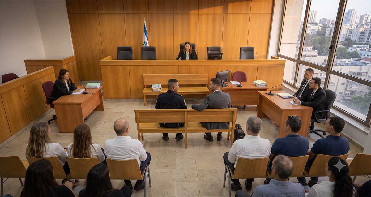 הדמיית בינה מלאכותית של שוטר יושב על ספסל נאשמים מול שופטת, רשמת ועורכי דין בבית המשפט. קהל מתבונן בו מהאולם