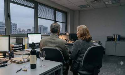 גבר ואישה יושבים על כסאות במשרד אפרורי עם הגב למצלמה. מאחוריהם על השולחן בקבוק יין, פותחן עם שתי כוסות ריקות. על השולחנות קלסרים מסכי מחשב, מקלדות, קלסרים וציוד משרדי